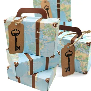 Logo personnalisé MWorld Map Mini valise boîte de faveur, papier kraft vintage avec étiquettes et ficelle de toile de jute pour le voyage