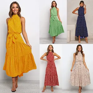 Women Solid Dot Long Dresses Summer Sexy Halter Strapless Lace Up Dress Female Boho Beach Holiday Maxi Dresses Casual Robe