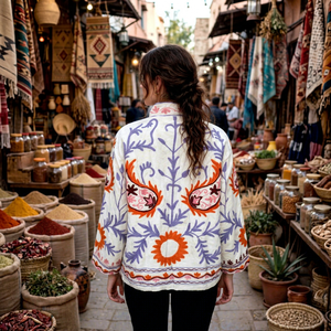 Veste en velours et coton brodée Suzani bohème, col mandarin, manches longues, motif floral, vêtement d'extérieur décontracté pour l'hiver, pour femmes, chauffante - Product Image 2