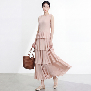 Women's Casual Sleeveless Pleated Midi <b>Dress</b> Set Black Crew Neck Elegant Solid Ankle-Length Skirt Regular Fit <b>All</b> Seasons - Product Image 1
