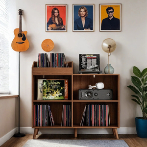 Low-Profile Asymmetrical <b>Record</b> Player <b>Stand</b> CARB Certified 400 Vinyl Capacity 5V/2A USB Charging Mid Open Grid Console - Product Image 2