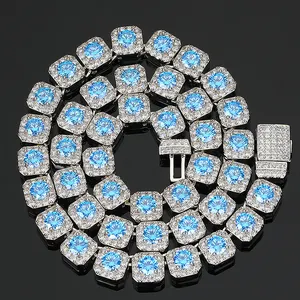 10MM Luxury Iced Out Jewelry Hip Hop Cubic Zirconia Cuban Link Baguette bracciale collana con catena da Tennis con diamanti blu per uomo 2023