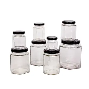 Échantillon gratuit 50ml 180ml 380ml 500ml hexagonal pots de miel en verre avec des couvercles