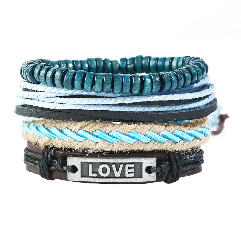 4 in1 Mode Vier Schichten Mehr schicht ige Leder verpackung Holz perlen Blau Hanf Seil Geflochtener Punk Brief LIEBE Schmuck Armband