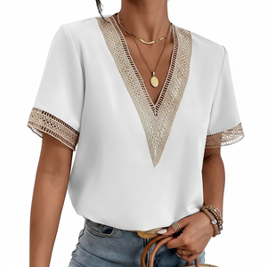 Blusa de Gasa para Mujer, Estilo Casual, Holgada, con Encaje, Manga Corta, Cuello en V, Cómoda, para Chicas, 2025 - Product Image 1
