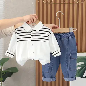 2023 Primavera Outono Meninos Roupas Set Crianças Camisa Listrada Manga Longa Denim Calças 2Pcs Conjuntos de roupas