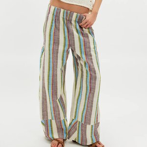 <span class=keywords><strong>Pantaloni</strong></span> <span class=keywords><strong>Palazzo</strong></span> da Spiaggia Larghi da Donna Personalizzati con Strisce Verticali Colorate, Vita Elastica con Coulisse, <span class=keywords><strong>in</strong></span> Misto <span class=keywords><strong>Lino</strong></span> - Produttore - Product Image 1