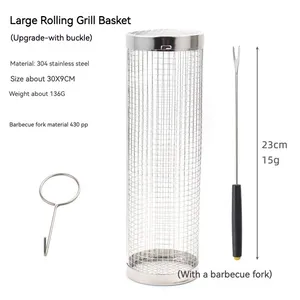 Portable 304 Stainless Steel New Round Net Tube Cylinder Bbq Rolling Grilling Baskets For Outdoor Grilling