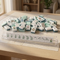 Ubin Mahjong Akrilik Berukir Gaya Cina Putih Hijau Mint Biru Tua Set Permainan Portabel untuk Hiburan 4 Pemain