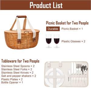 JY Set for 2 with Insulated Cooler Bag and Cutlery Service <strong>Kits</strong> Wooden Lids &amp; Handles Willow Picnic <strong>Hamper</strong> <strong>Basket</strong> Lining - Product Image 5