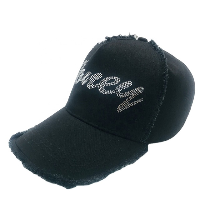 Bling Rhinestone Custom Logo Distressed Retro Washed Common Twill 100% Cotton 6-Panel Baseball Caps Silk Screen Printed Unisex