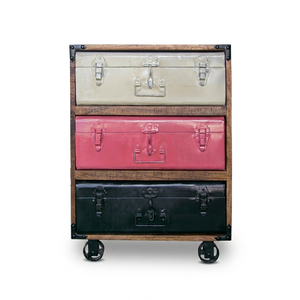 Industrial Wooden Nightstand with 3 Vintage <b>Suitcase</b> Drawers in Beige Pink Black <b>Storage</b> Cabinet for Bedroom Furniture - Product Image 1