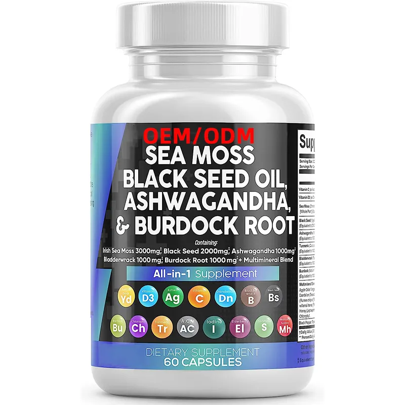 Complex capsules Sea Moss Black Seed Oil Ashwagandha Turmeric Bladderwrack Burdock Vitamin C Vitamin D3