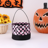 Cesta de Doces com Estampa de Abóbora e Fantasma em Xadrez, Novo Design, para Halloween, Cestas de Lona para Crianças