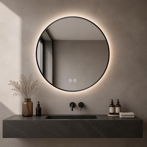 <span class=keywords><strong>Miroir</strong></span> intelligent mural avec cadre rond en acier inoxydable noir, rétroéclairage LED, commande tactile, anti-buée, pour salle <span class=keywords><strong>de</strong></span> bain, hôtel, coiffeuse - Product Image 1