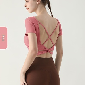 Women Cross Back Twist Yoga Crop Top Ribbed Short Sleeve Sports T-Shirt Built in <b>Bra</b> Fitness Workout Running Gym Active Wear - Product Image 1