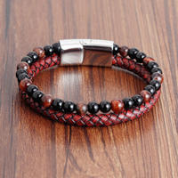 Bracelets en cuir véritable avec perles et pierres rouges naturelles pour hommes – Produit tendance OT-048