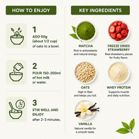 Poudre de remplacement de repas à base d'avoine protéinée pour le petit-déjeuner, saveur fraise matcha, marque distributeur, riche en protéines (20g)
