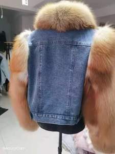 Nuova Giacca Corta Trendy da <span class=keywords><strong>Donna</strong></span> in Denim con Pelliccia, Maniche e Colletto in Pelliccia - Product Image 3