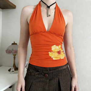 Y2K Orange Floral Halter Neck Top, Hibiscus Print Lace Insert Crop Top, Cute Summer Party Tank Top - Product Image 6