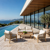 Ensemble de canapés d'extérieur en teck au design nordique avec coussins amovibles, fauteuil et table basse pour jardin, patio, bord de piscine, villa OEM ODM