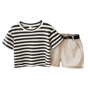 Conjunto de Ropa de Verano para Niños, Camiseta de Manga Corta y Pantalones Cortos a Rayas, 2 Piezas, Estilo Casual para Bebé Niño - Product Image 1