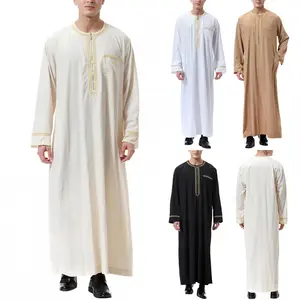 9808 Black Abaya Muslim Middle Eastern Arab Robe Men's Crew Neck Clothing Thobe Men Muslim Trendy 2024 NEW