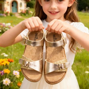 Sandalias Doradas Metálicas para Niñas con Tiras Cruzadas en el Tobillo, Correa Trasera con Hebilla, Plantilla de Corcho, Zapatos Planos Cómodos de Verano para Uso Diario Informal - Product Image 5
