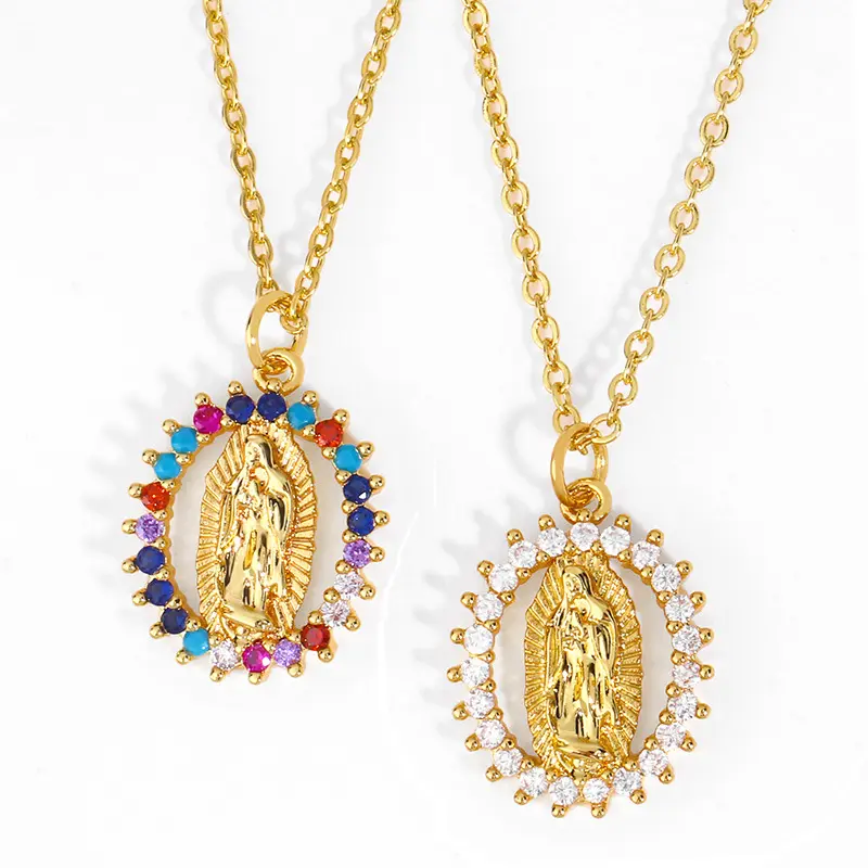 HOVANCI Europäischer 18 Karat vergoldeter religiöser Schmuck Gold Inlay Kristall Jungfrau Maria Anhänger Halskette für Männer Frauen