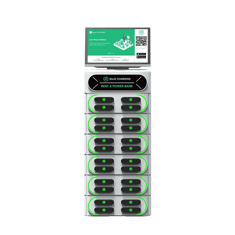 24スロットポータブルスマートディスプレイ統合スタッカブルシェアパワーバンクレンタルステーション、スクリーン携帯電話急速充電器自動販売