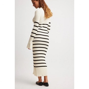 เดรสไหมพรมแขนพองทรงวีคอ ลายทาง แขนยาวทรงบาน สำหรับฤดูใบไม้ร่วง - Product Image 5