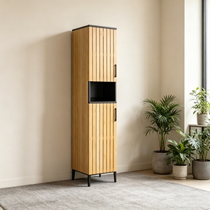 Mobiletto Alto in Bambù con Ante in Lino, Ripiano Aperto, Design Moderno e Durevole, 30x30x170cm per Soggiorno - Product Image 2