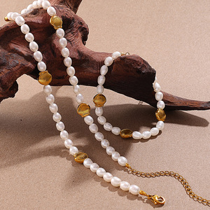 Conjunto de Collar de Perlas de Agua Dulce, Cuentas Ovaladas Blancas, Diseño de Vida Marina Chapado en Oro, para Uso Diario de Mujeres - Product Image 3