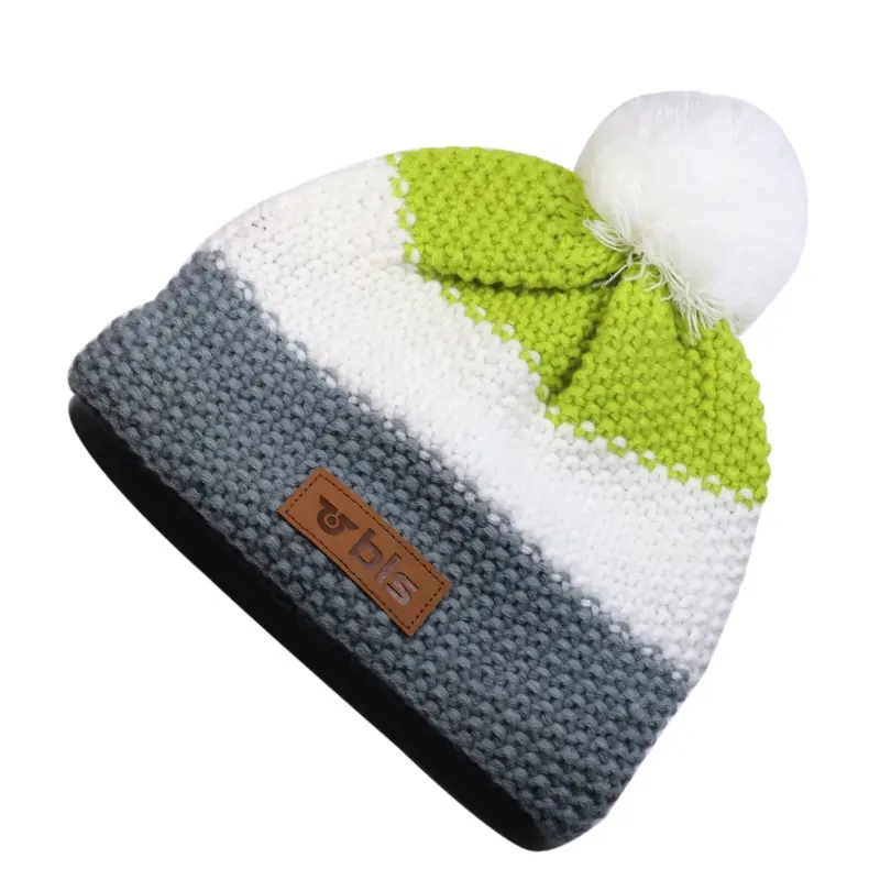 Hochwertige Zopf muster mütze Custom Winter Leder Patch Logo Pom Pom Beanie