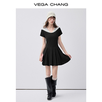 Robe mini noire contrastante VEGA CHANG pour femme, col en V, manches courtes, corsage ajusté, jupe plissée évasée
