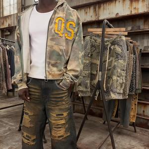 Sweat à capuche zippé épais brodé effet délavé soleil, coupe oversize, motif léopard camouflage, épaules tombantes personnalisées, délavé à l'acide et vieilli - Product Image 5