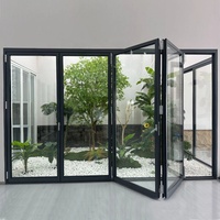 Ventana Plegable de Aleación de Aluminio, Horizontal, de Doble Pliegue y Cuatro Paneles, Impermeable e Insonorizada, para Terraza Exterior, Diseño Minimalista