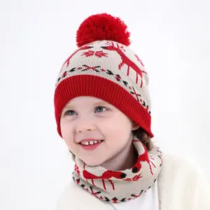定制冬季保暖针织儿童节日圣诞pom-pom豆豆帽子和颈部取暖器组合