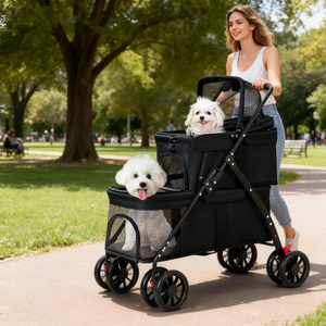 Carrito Doble para Mascotas OEM para Perros y Gatos Pequeños y Medianos, Plegable, con 2 Portavasos y Ruedas Bloqueables - Product Image 4