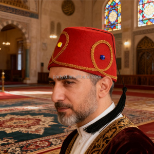 Chapeau Fez <span class=keywords><strong>Rouge</strong></span> Unisexe Décontracté à Thème Turc et <span class=keywords><strong>Marocain</strong></span> avec Bordure Dorée et Pompons Noirs – Coiffe Unique - Product Image 1