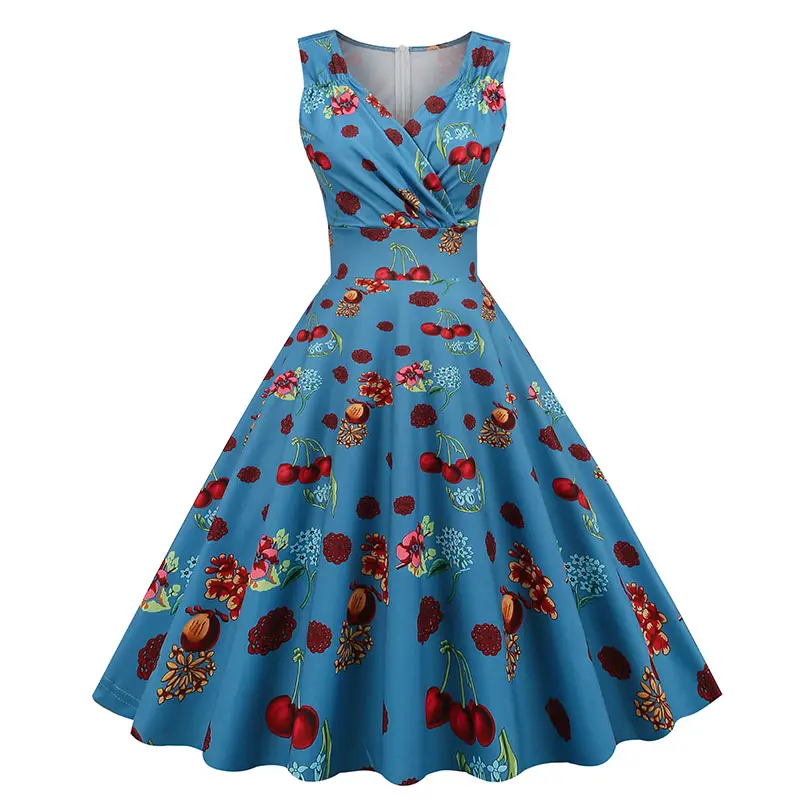 retro swing v-neck floral print sleeveless dress 2022 vintage swing rockabilly dress vintage clothing for women