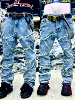 Jean en denim délavé léger à deux tons et patchwork pour homme, coupe droite, taille haute, en molleton, style streetwear décontracté pour un look urbain