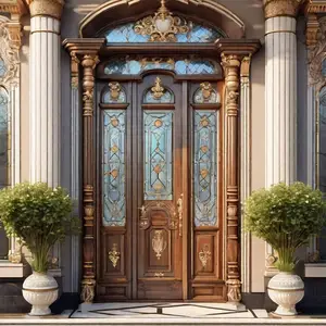 Porta de entrada luxuosa exterior em teca americana com colunas romanas esculpidas em vitral, portas de madeira para entrada de vilas