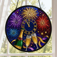 Attrape-soleil en vitrail Menorah Hanouka, ornement rond 20 cm, Étoile de David, bleu et or, décoration à suspendre à la fenêtre