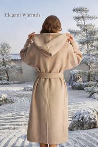 PRETTY STEPS <span class=keywords><strong>Manteau</strong></span> <span class=keywords><strong>long</strong></span> beige en laine tissée respirante pour <span class=keywords><strong>femme</strong></span>, avec ceinture, col châle, vêtement d'extérieur d'hiver à <span class=keywords><strong>capuche</strong></span>, style décontracté - Product Image 2