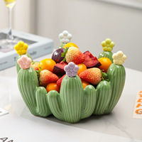 Ensemble de fourchettes à fruits en céramique motif cactus créatif, style moderne et minimaliste, pour la maison, le salon, la table basse, avec bol de rangement pour fourchettes à dessert