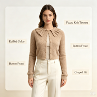 Pull en maille décontracté à manches longues Lolly Undefined, col à volants personnalisé, couleur blanc chaud de haute qualité, OEM & ODM, pour l'hiver