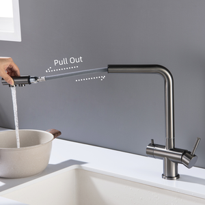 Estraibile <span class=keywords><strong>a</strong></span> doppia maniglia leva rubinetto cucina 3 vie <span class=keywords><strong>filtro</strong></span> acqua depuratore <span class=keywords><strong>rubinetti</strong></span> miscelatore <span class=keywords><strong>rubinetti</strong></span> acqua potabile in acciaio inox 3 in 1 - Product Image 1