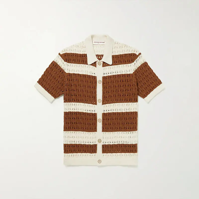 Brown Mesh Striped Crochet Knit Cotton Linen Blend Sweaters Men Short Sleeve Knitted Tee Shirt Polo Knitwear