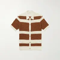 Màu Nâu Lưới Sọc Crochet Knit Cotton Linen Blend Áo Len Nam Ngắn Tay Áo Dệt Kim Tee Áo Sơ Mi Polo Dệt Kim